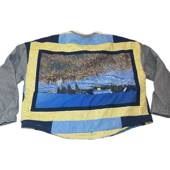 Upcycled Wildlife Patchwork Crewneck Handmade Quilt Rework Mountain Spirit Vibes - Picture 3 of 8